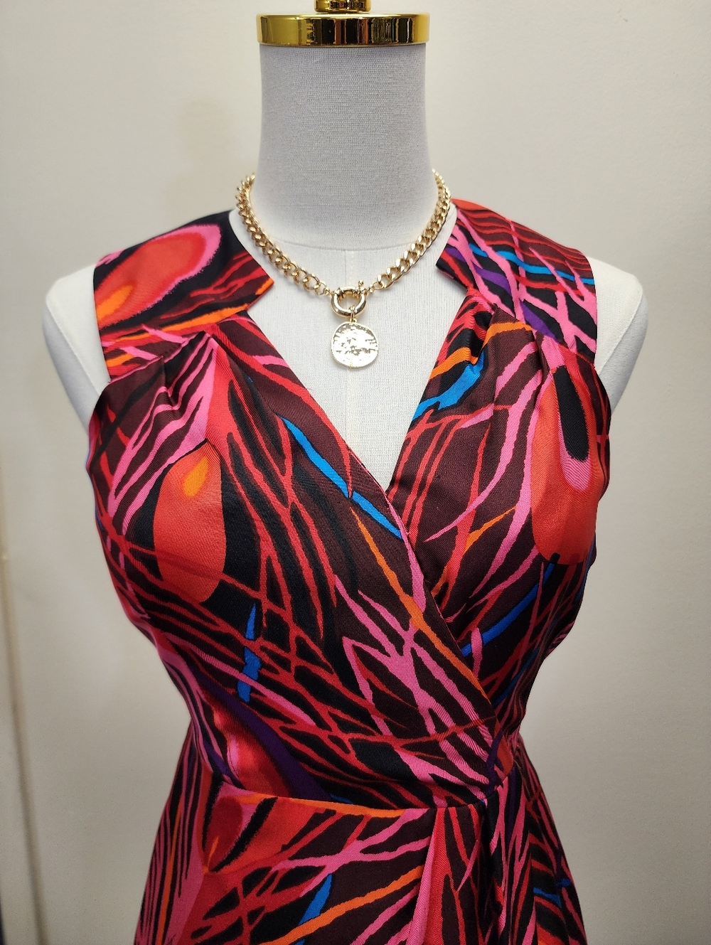 Milly Of New York Pink Black Abstract Print Sleeveless V Neck Midi Dress Size 0 - Picture 2 of 9